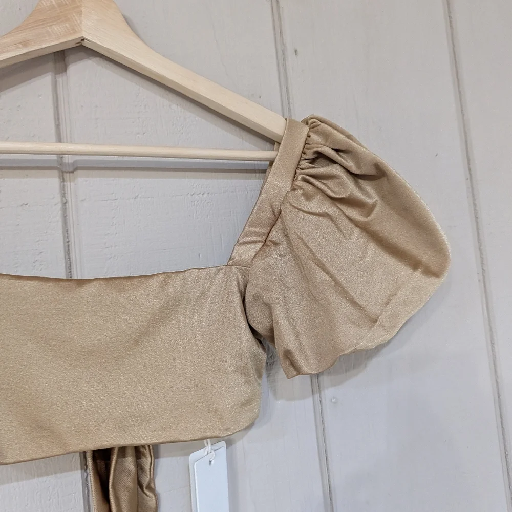 Agua‎ Bendita Free People Calista Puff Sleeve Bikini Top Gold NWT